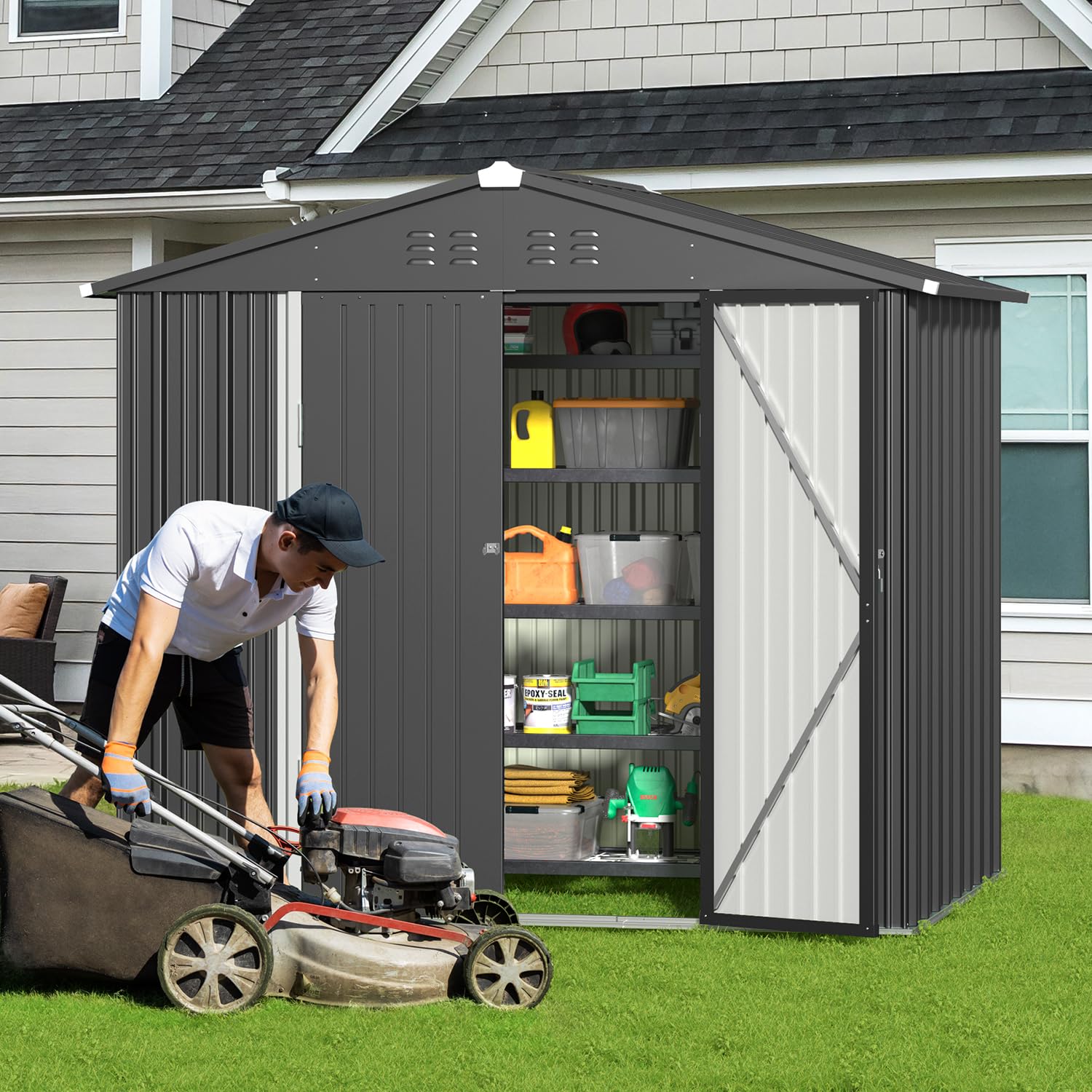 Amazon | Gizoon 屋外用物置 8 x 6フィート 亜鉛メッキメタルガーデン